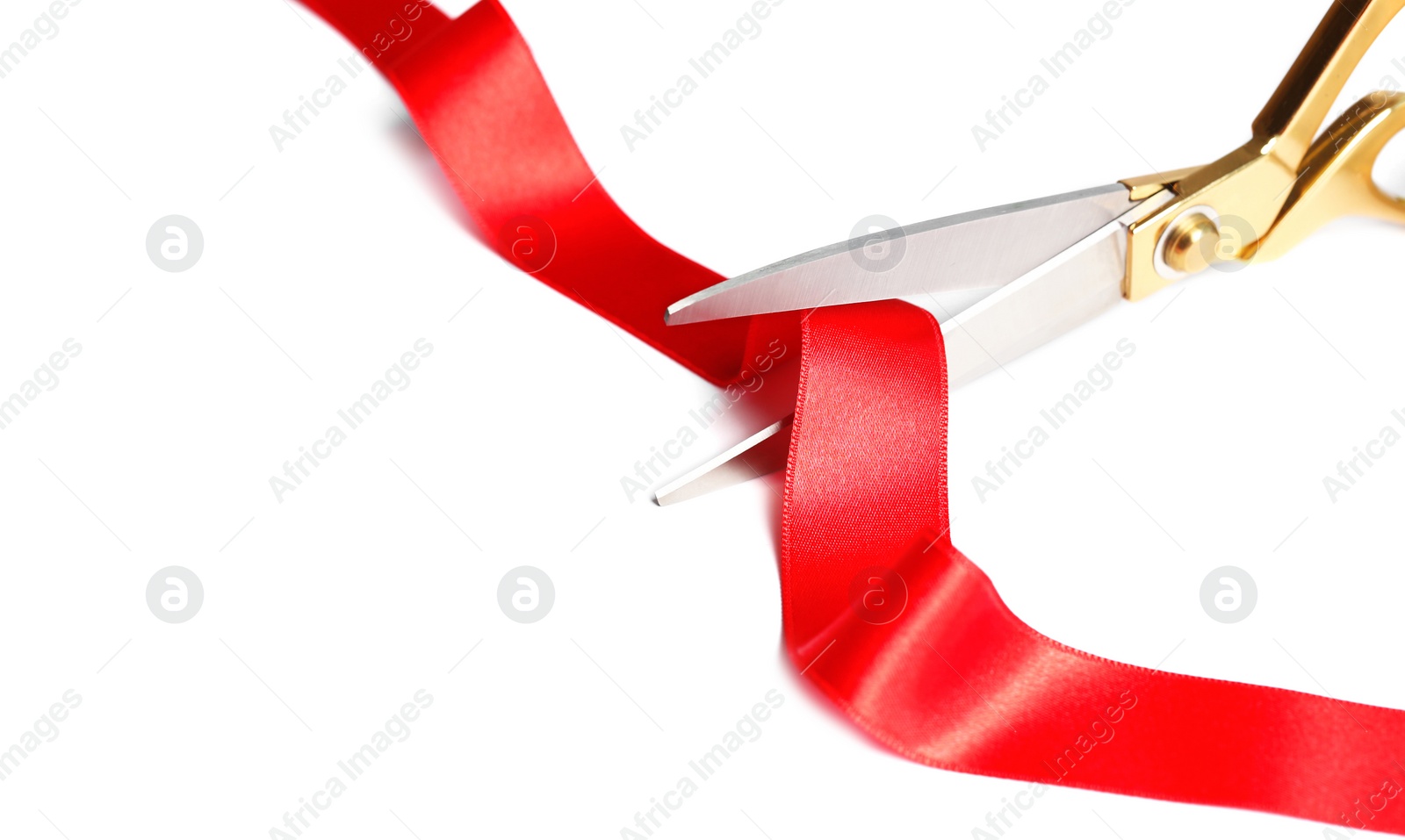 Photo of Ribbon and scissors on white background. Ceremonial red tape cutting