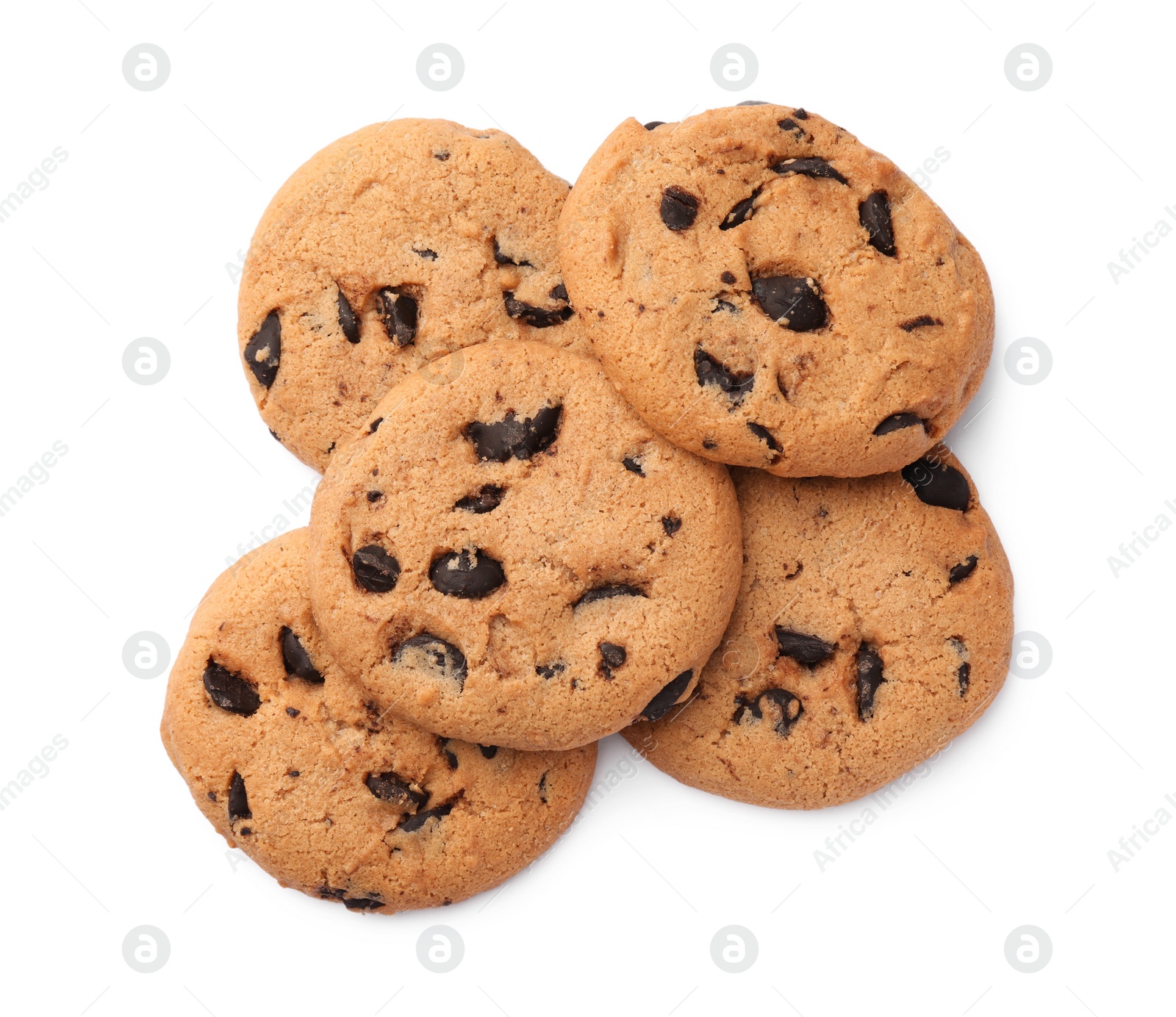 Delicious chocolate chip cookies isolated on white, top view Photo of Delicious chocolate chip cookies isolated on white, top view