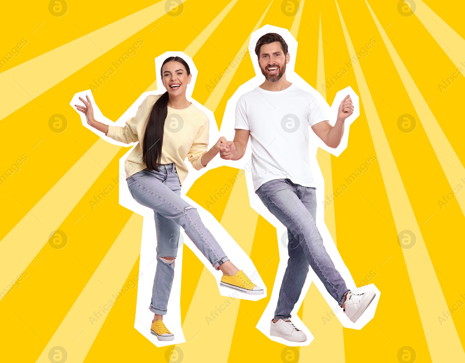 Image of Happy couple dancing on bright background. Creative collage with stylish man and woman. Concept of music, party, fashion, lifestyle