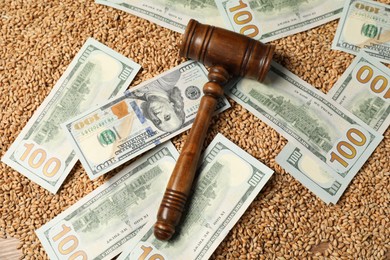 Photo of Dollar banknotes, wooden gavel and wheat grains on table, top view. Agricultural business