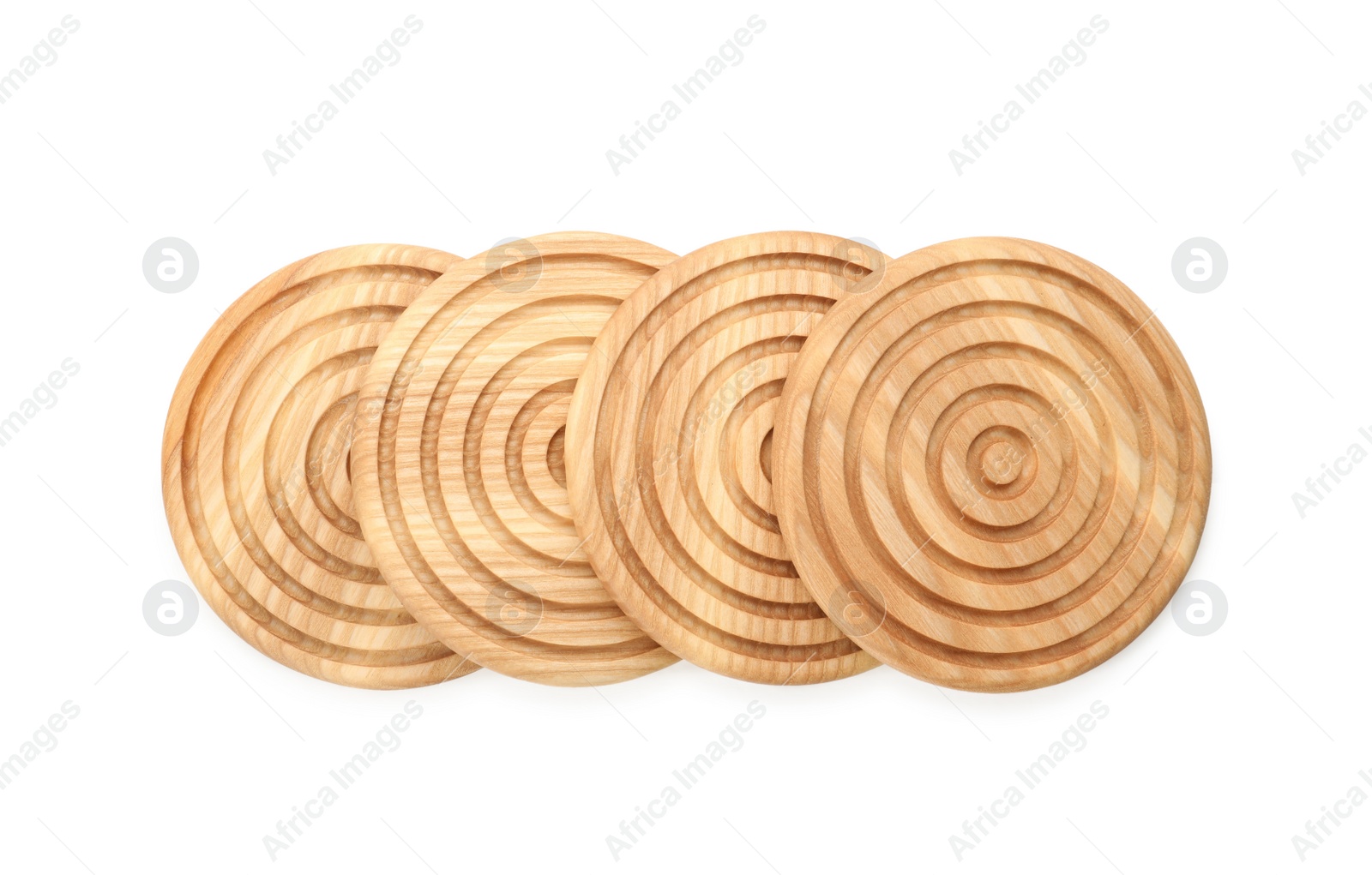 Photo of Wooden cup coasters on white background, top view