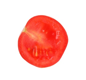 Photo of Half of fresh cherry tomato on white background