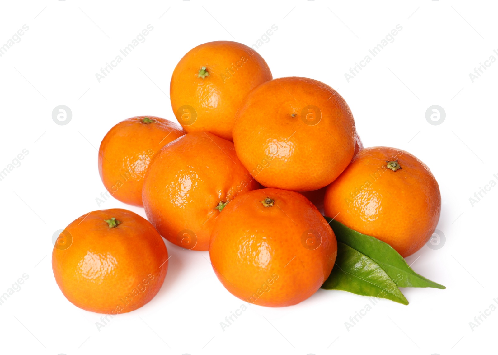 Photo of Fresh ripe tangerines and green leaves isolated on white