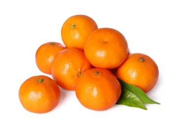 Photo of Fresh ripe tangerines and green leaves isolated on white