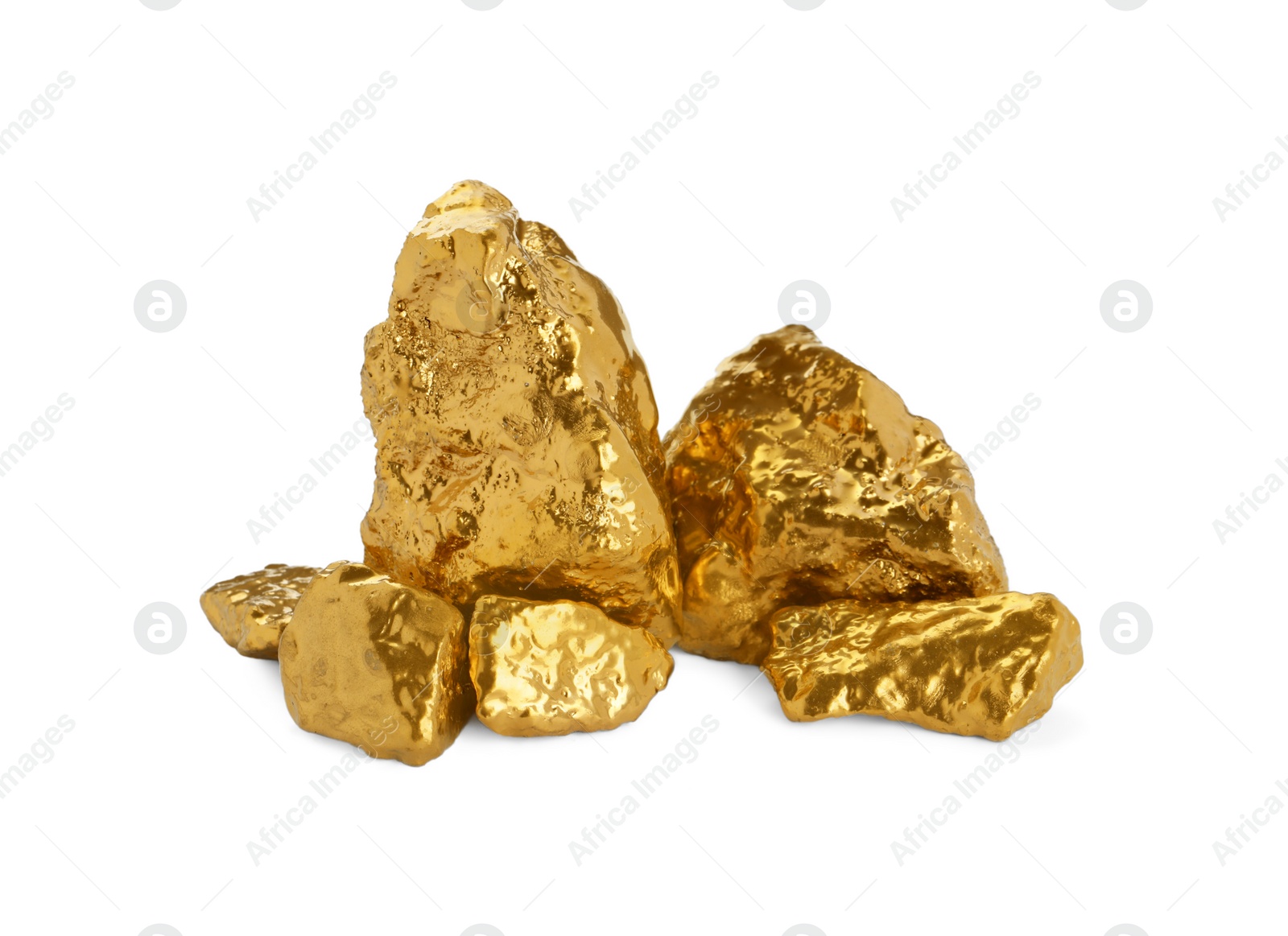 Photo of Pile of shiny gold nuggets on white background