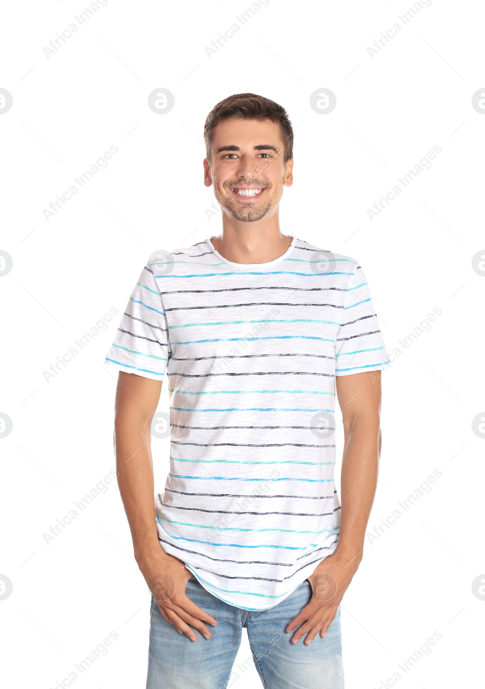 Photo of Portrait of handsome young man smiling on white background