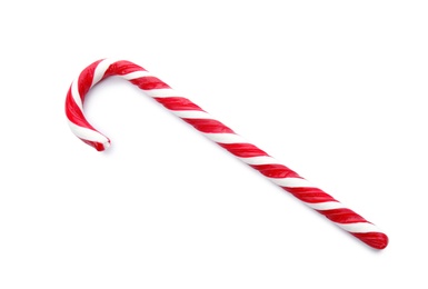 Tasty candy cane on white background. Festive treat