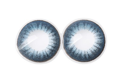 Two blue contact lenses isolated on white, top view