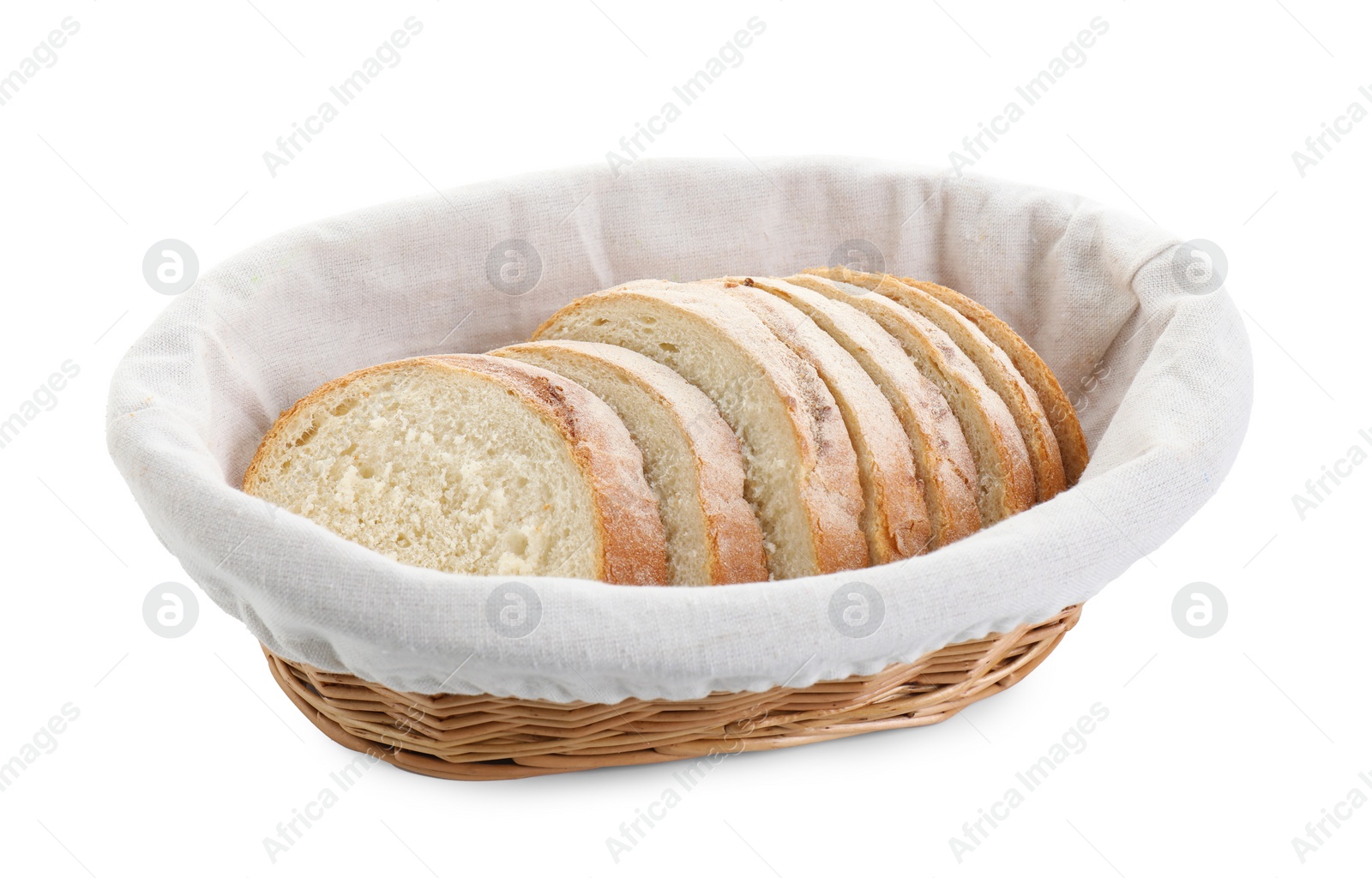 Photo of Cut fresh bread in wicker basket isolated on white