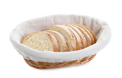 Cut fresh bread in wicker basket isolated on white