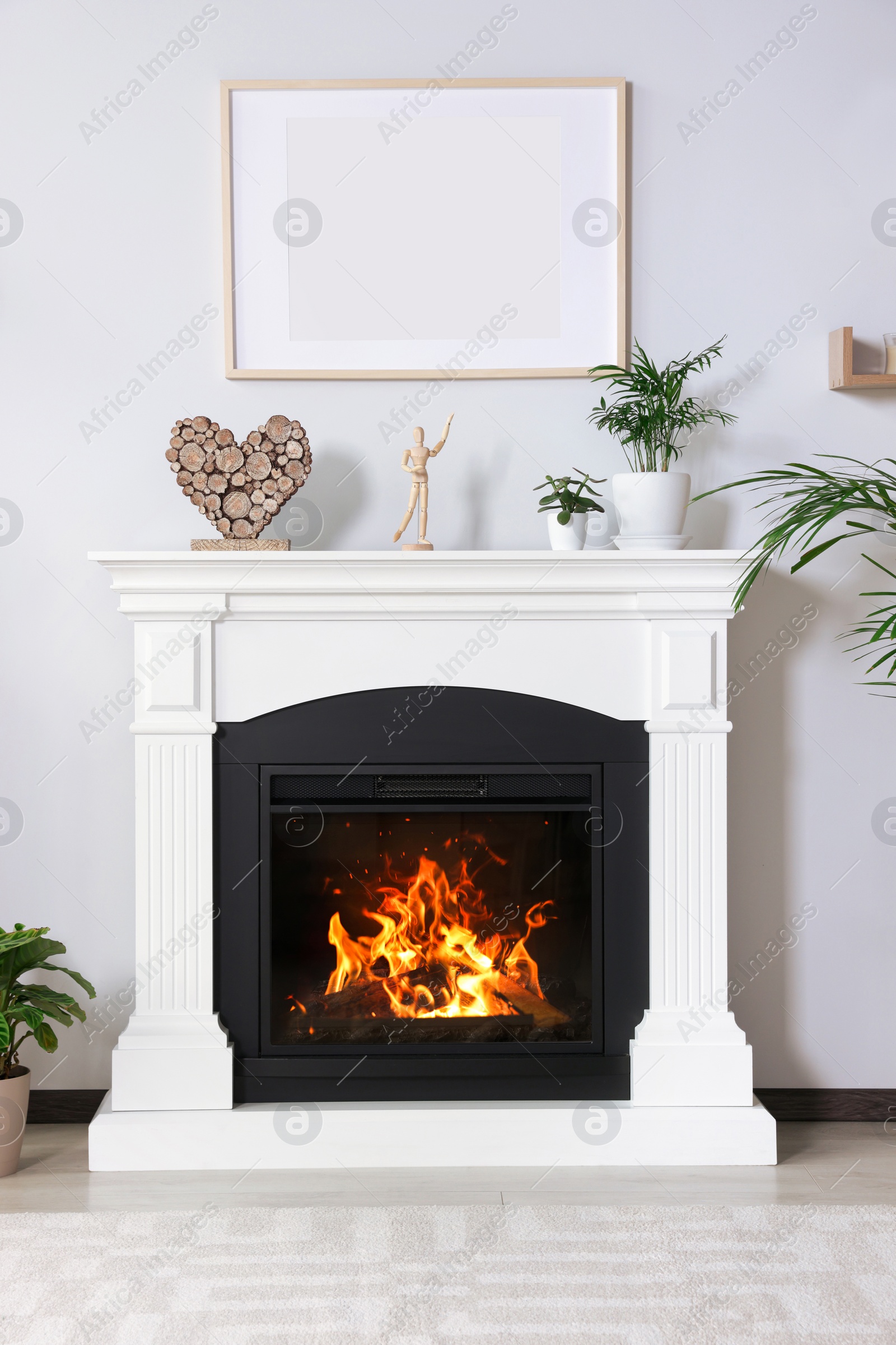 Photo of Stylish living room interior with fireplace, houseplants and empty canvas on white wall