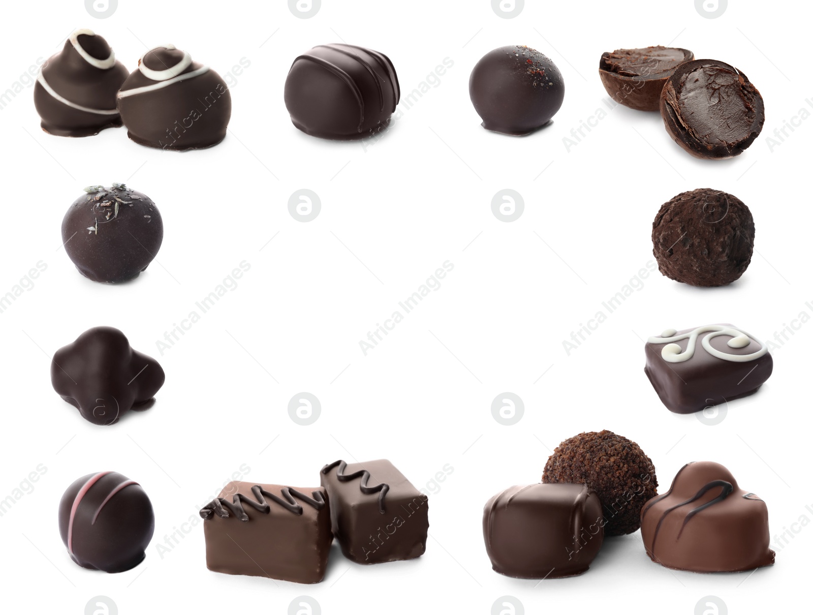 Image of Set with different chocolate candies on white background, space for text