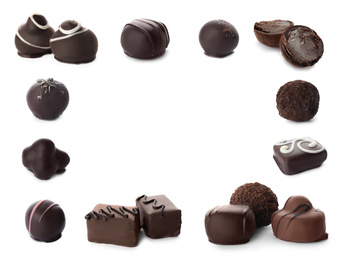 Image of Set with different chocolate candies on white background, space for text