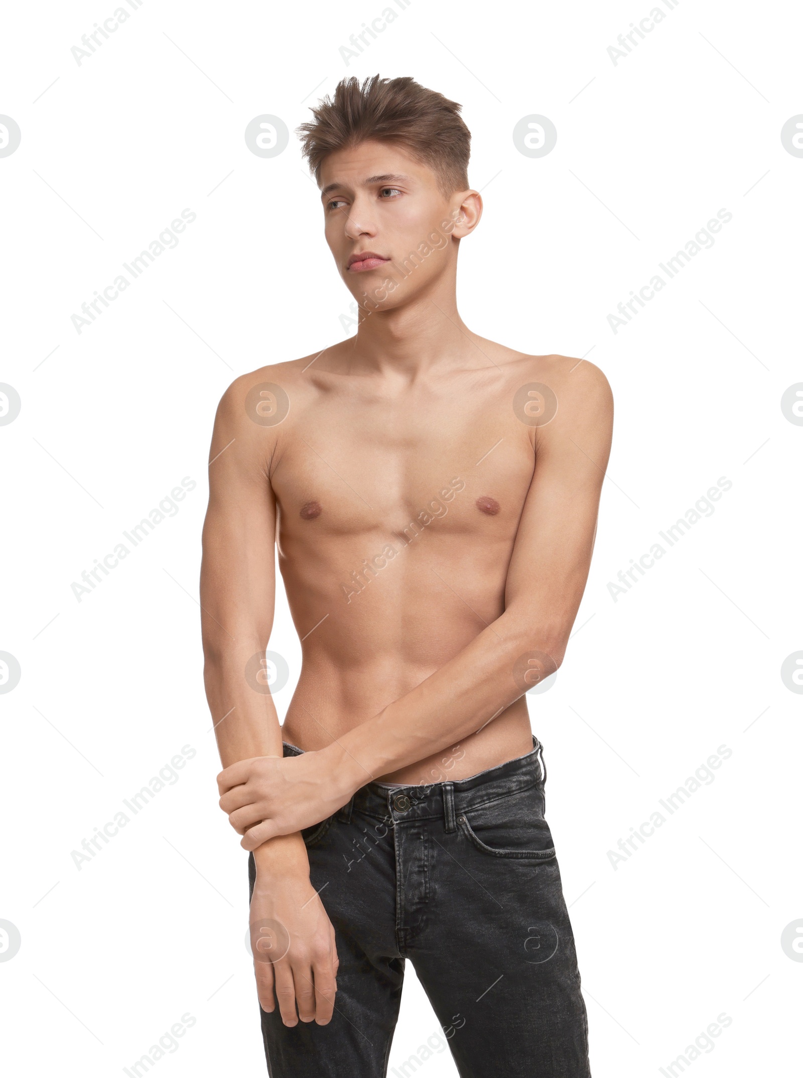 Photo of Shirtless man with slim body isolated on white