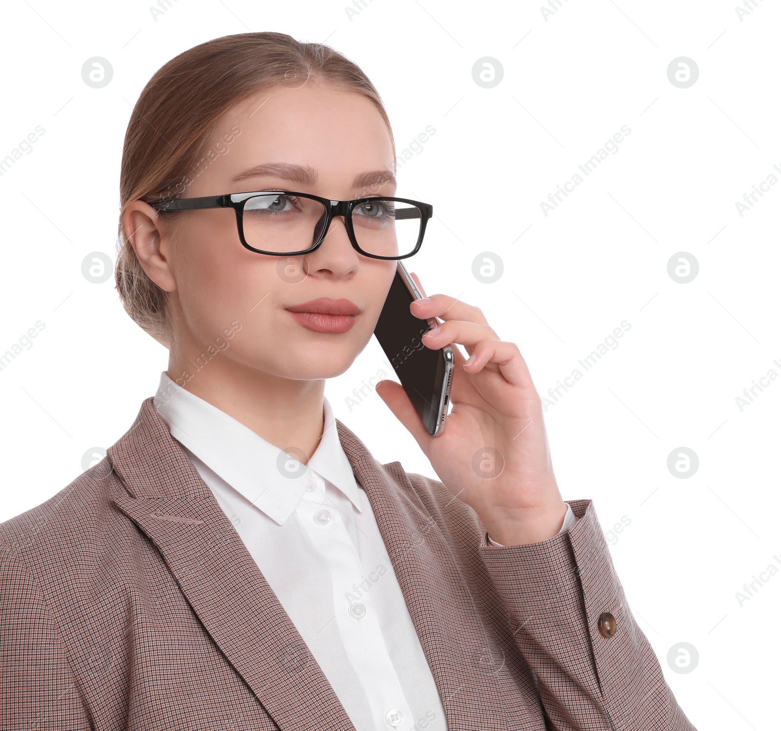 Photo of Young businesswoman talking on mobile phone against white background