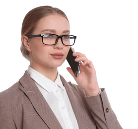 Photo of Young businesswoman talking on mobile phone against white background