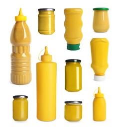 Image of Set with different plastic bottles and glass jars of spicy mustard on white background