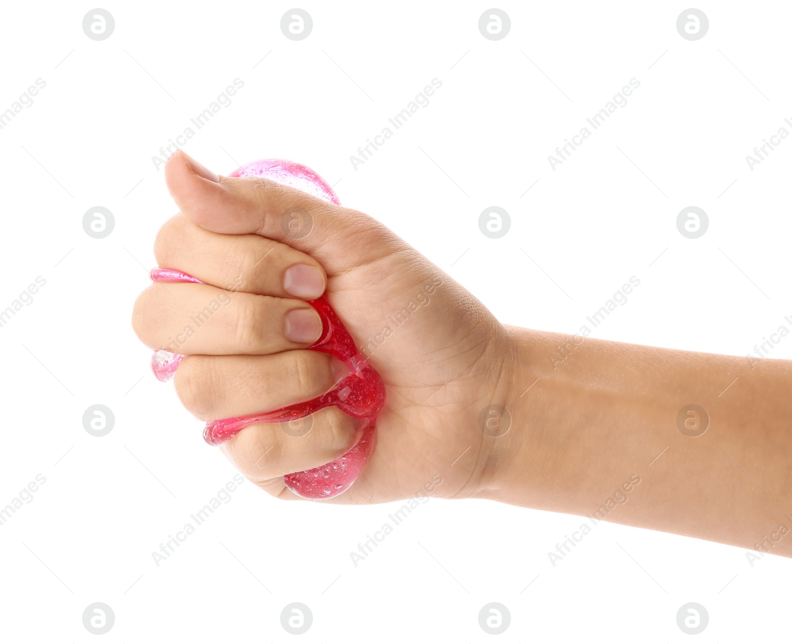 Photo of Woman playing with pink slime isolated on white, closeup. Antistress toy