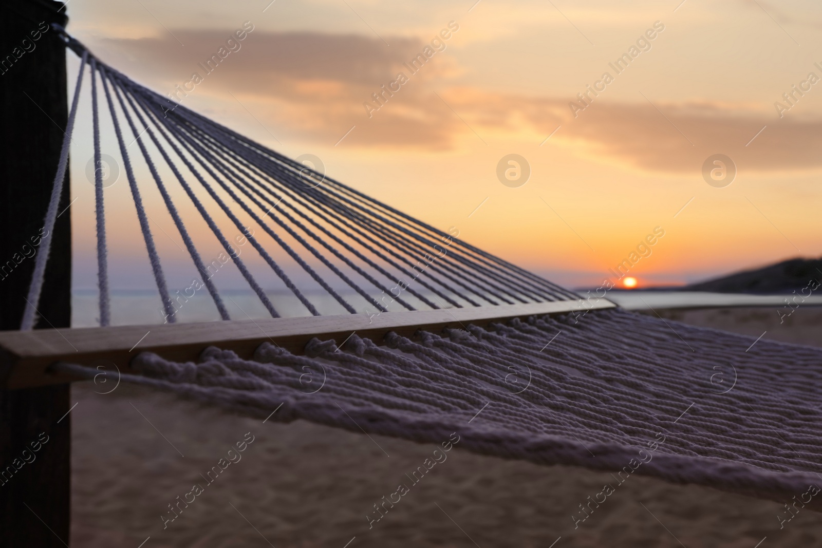 Photo of Empty hammock on beach at sunset. Time to relax