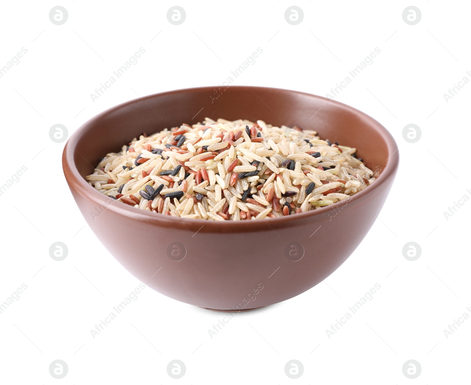 Photo of Mix of different brown rice in bowl isolated on white