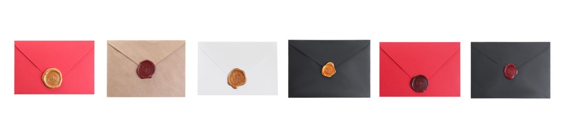 Top view of different envelopes with wax seals on white background, collage. Banner design 