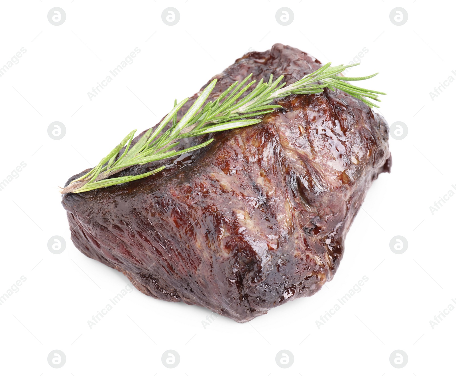 Photo of Piece of delicious grilled beef meat and rosemary isolated on white