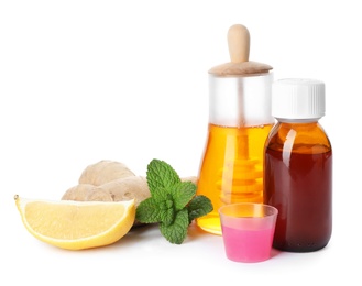 Jar with honey, mint, lemon, ginger and bottle of cough syrup on white background