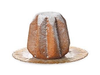 Delicious Pandoro cake decorated with powdered sugar isolated on white. Traditional Italian pastry