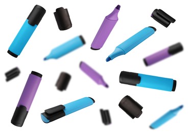 Violet and light blue markers falling on white background