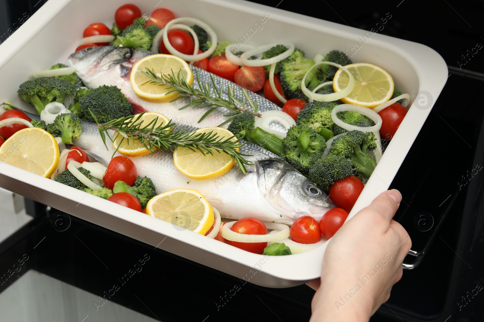 Photo of Woman putting baking dish with raw fish and vegetables into oven, closeup