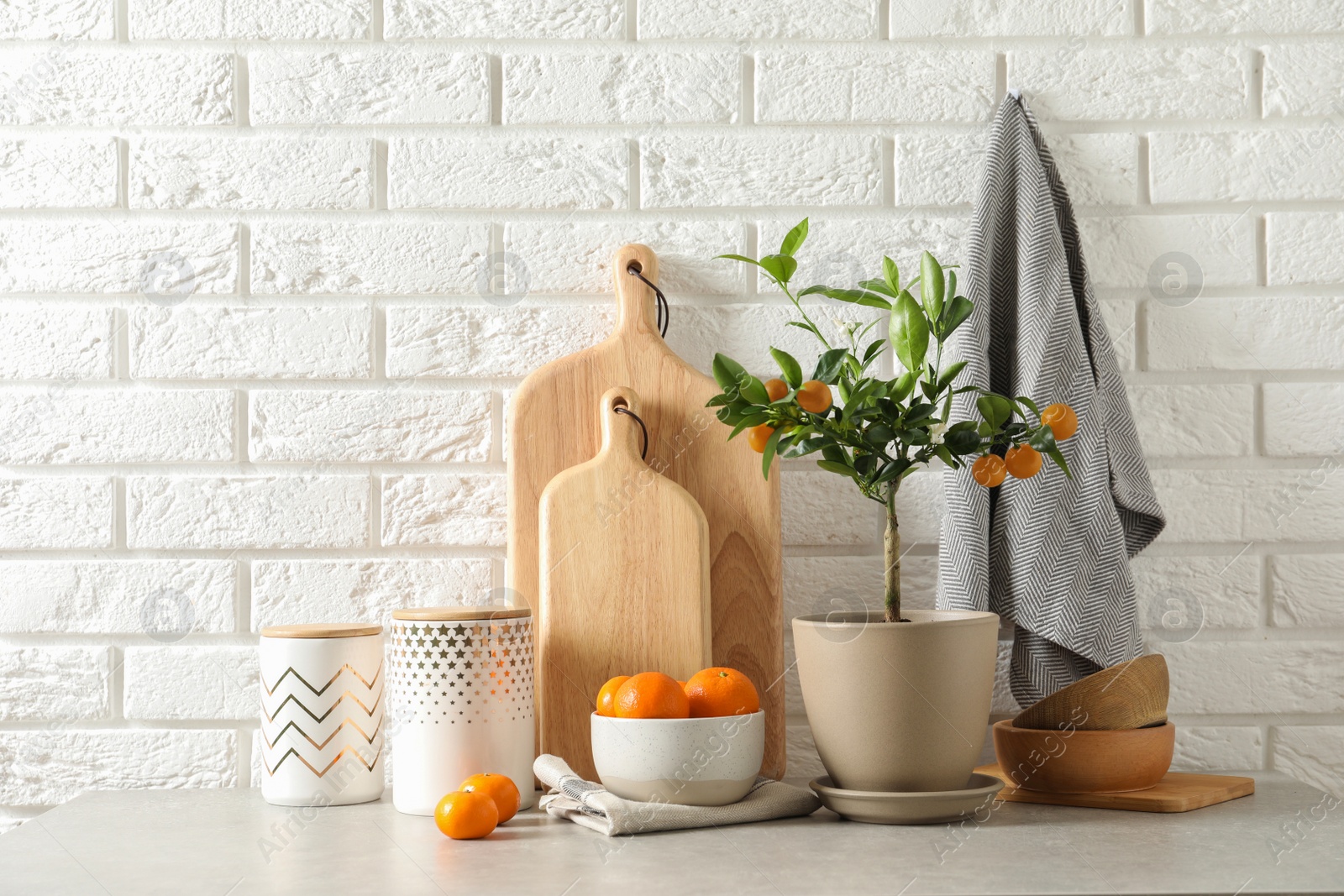 Photo of Composition with potted citrus tree and fruits on table against brick wall. Space for text