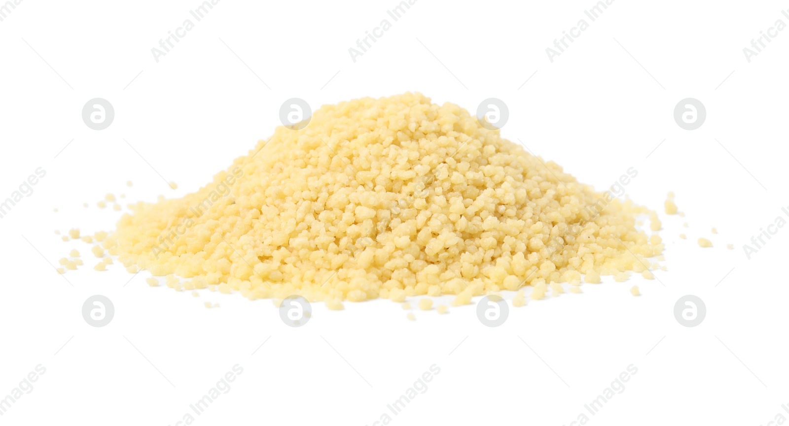 Photo of Pile of raw couscous isolated on white