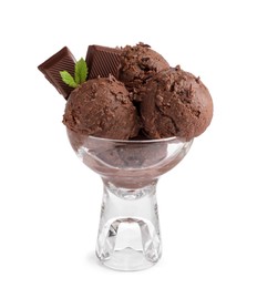 Photo of Glass dessert bowl with tasty chocolate ice cream with mint isolated on white