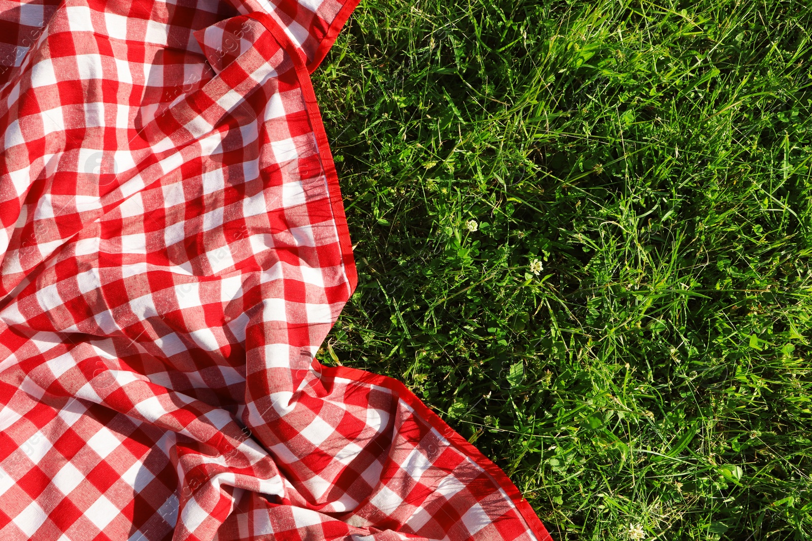 Photo of Checkered picnic tablecloth on fresh green grass, top view. Space for text