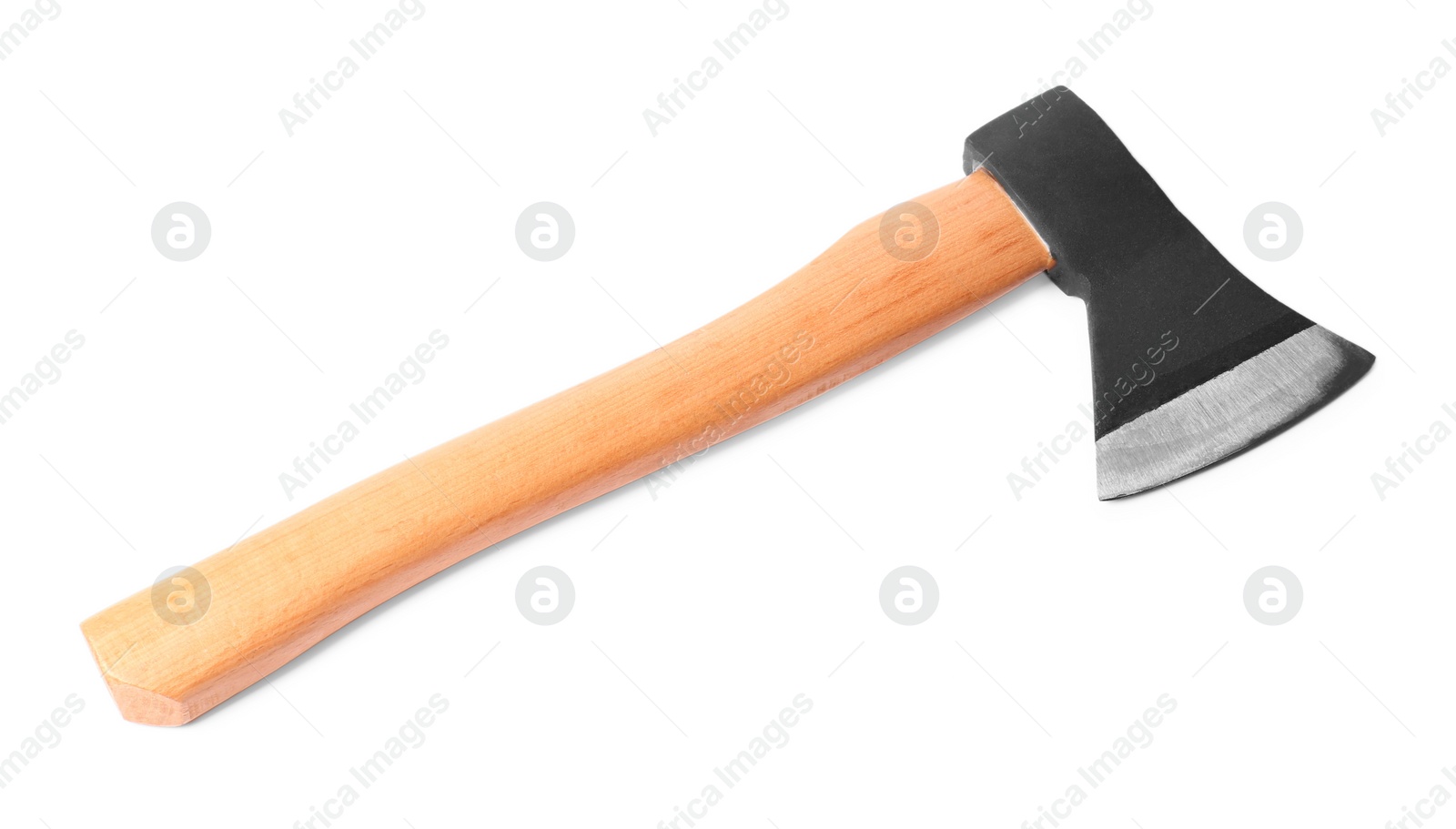 Photo of Metal ax with wooden handle isolated on white