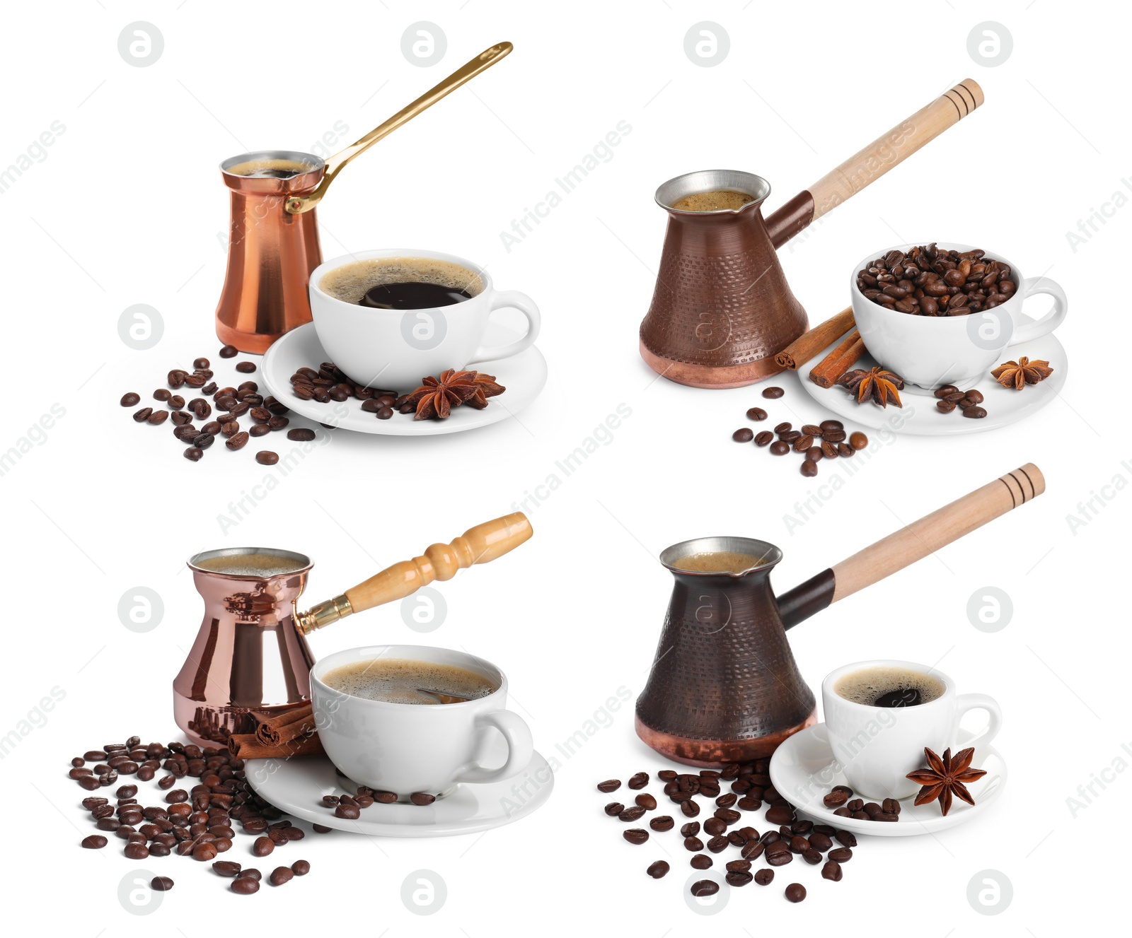 Image of Set with different turkish coffee pots (cezve) with hot coffee and beans on white background