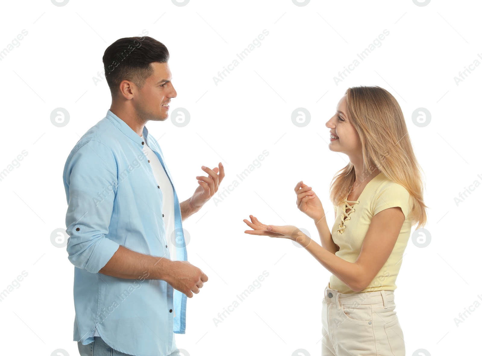 Photo of Man and woman talking on white background