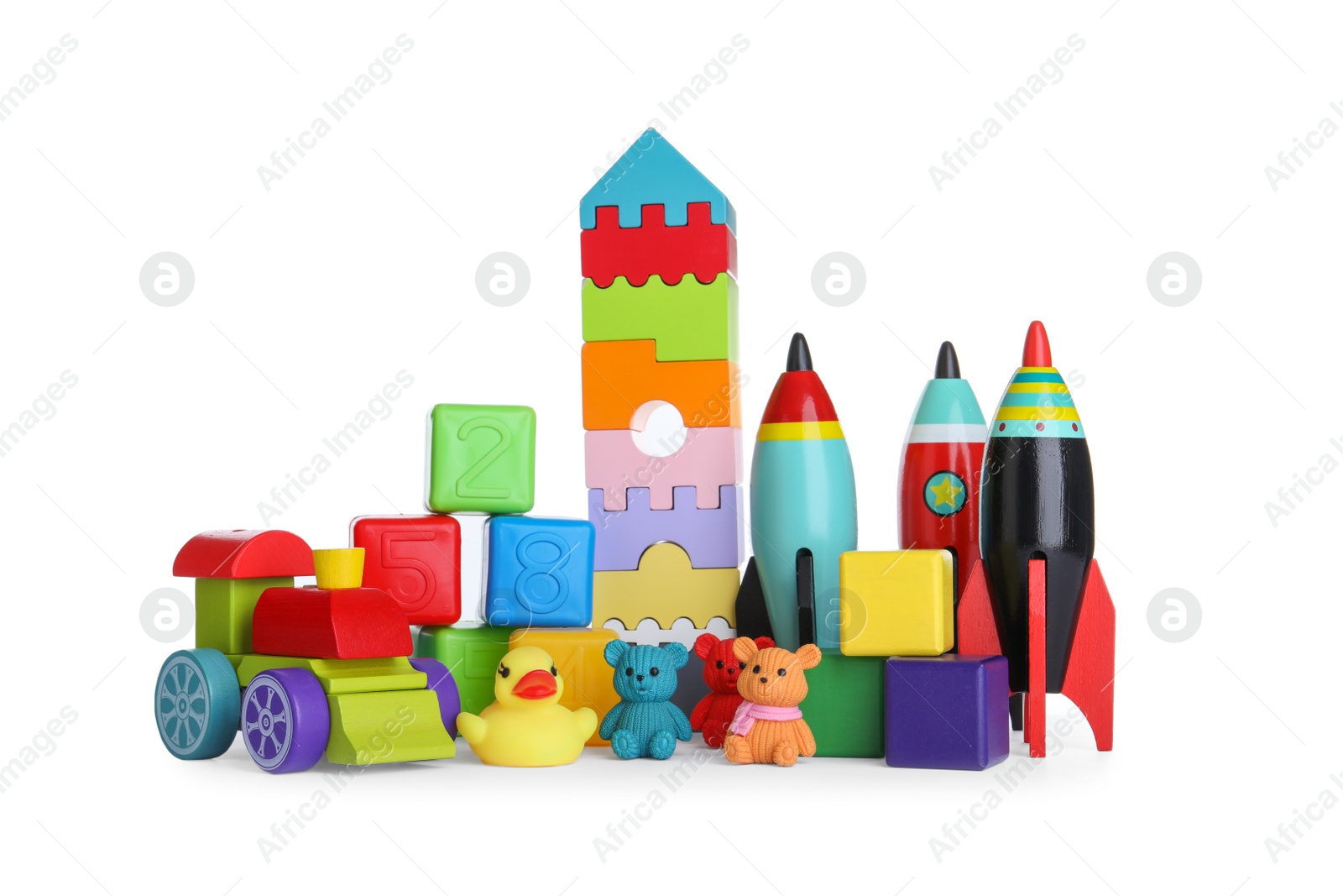 Photo of Set of different toys on white background