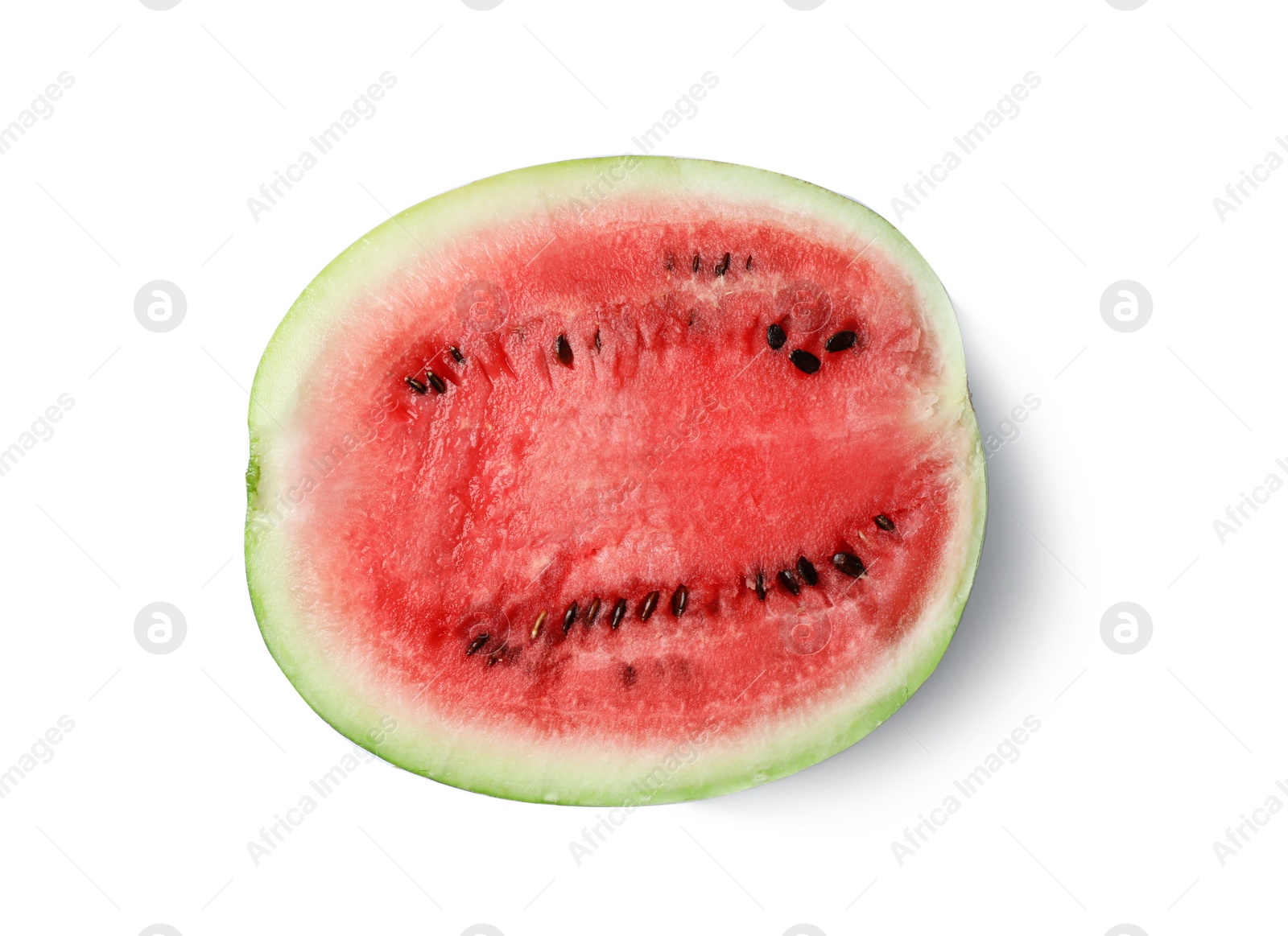 Photo of Half of ripe watermelon on white background, top view