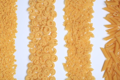 Different types of raw pasta on white background, flat lay