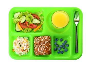 Photo of Serving tray with healthy food on white background, top view. School lunch
