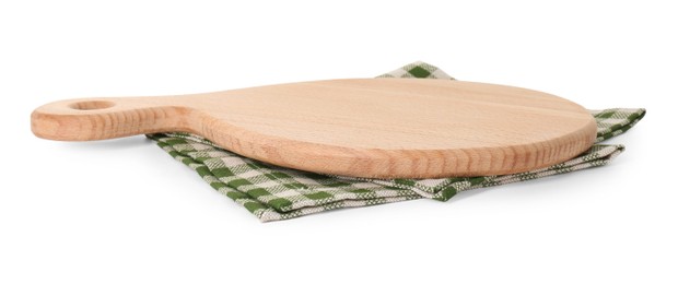 Photo of Wooden cutting board and napkin isolated on white