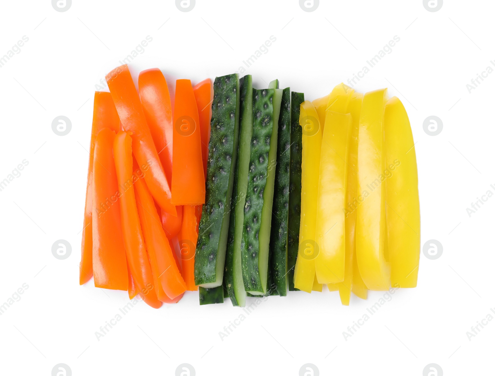 Photo of Different vegetables cut in sticks on white background, top view