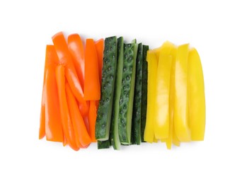 Photo of Different vegetables cut in sticks on white background, top view