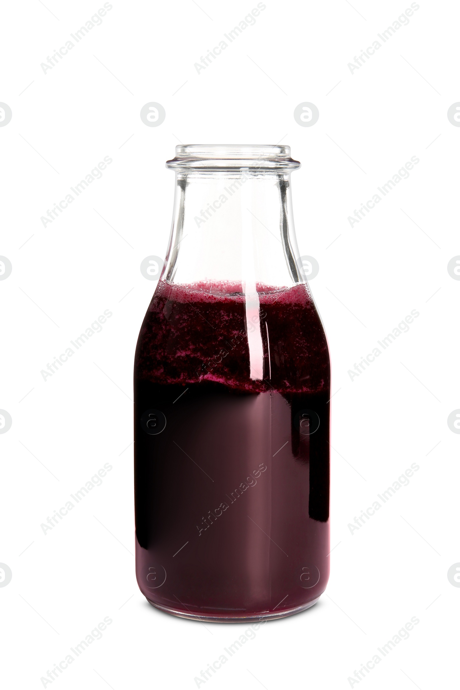 Photo of Bottle of beet smoothie on white background