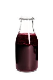 Bottle of beet smoothie on white background