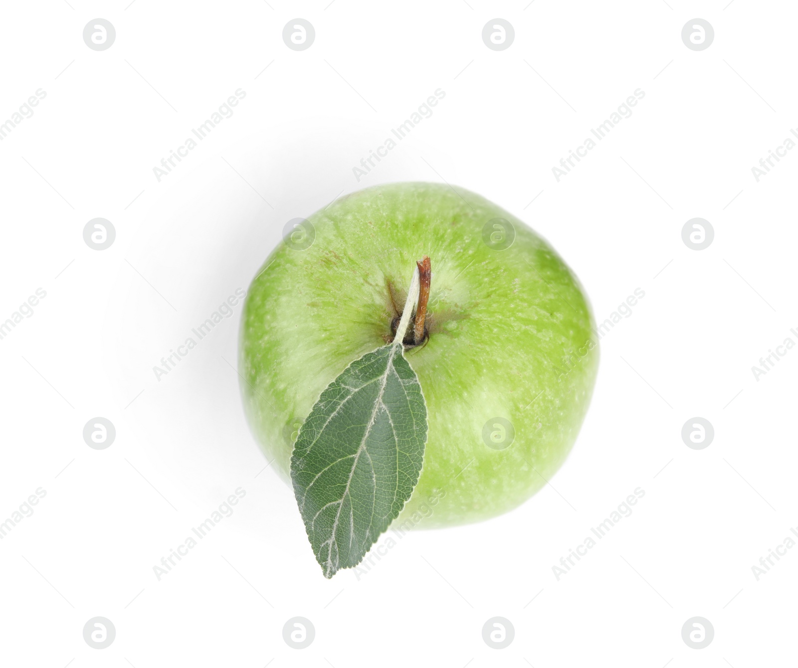 Photo of Fresh ripe green apple with leaf on white background, top view