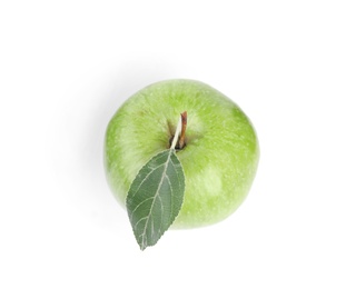 Fresh ripe green apple with leaf on white background, top view