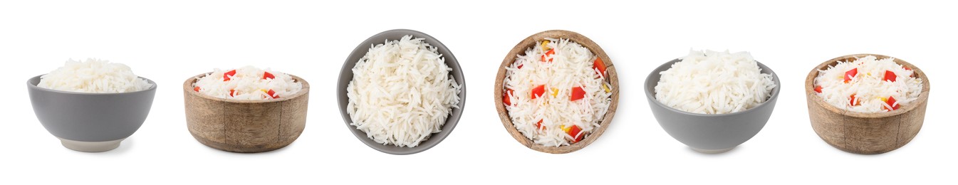 Image of Set with tasty rice in bowls isolated on white, top and side views