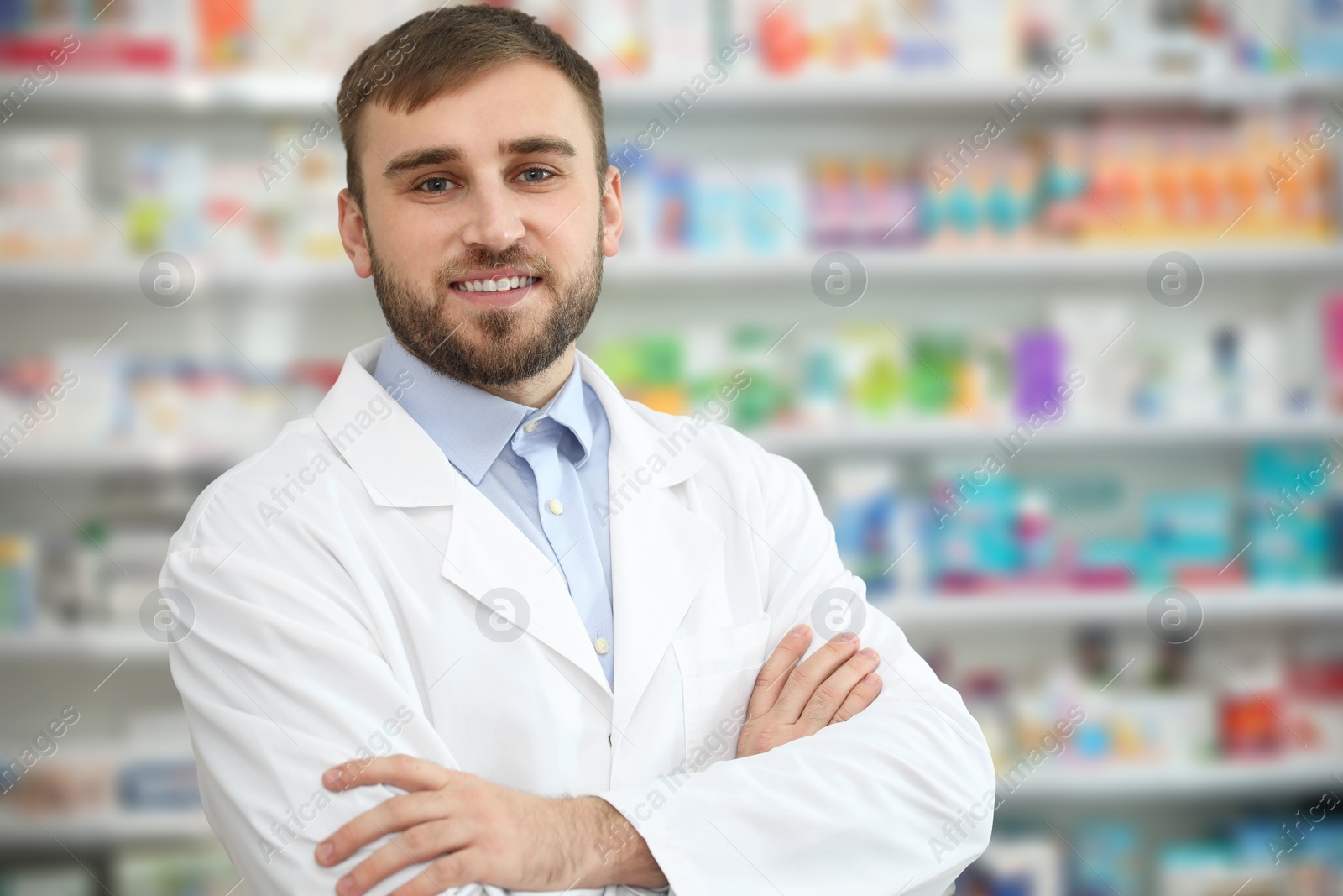 Photo of Portrait of professional pharmacist in modern drugstore